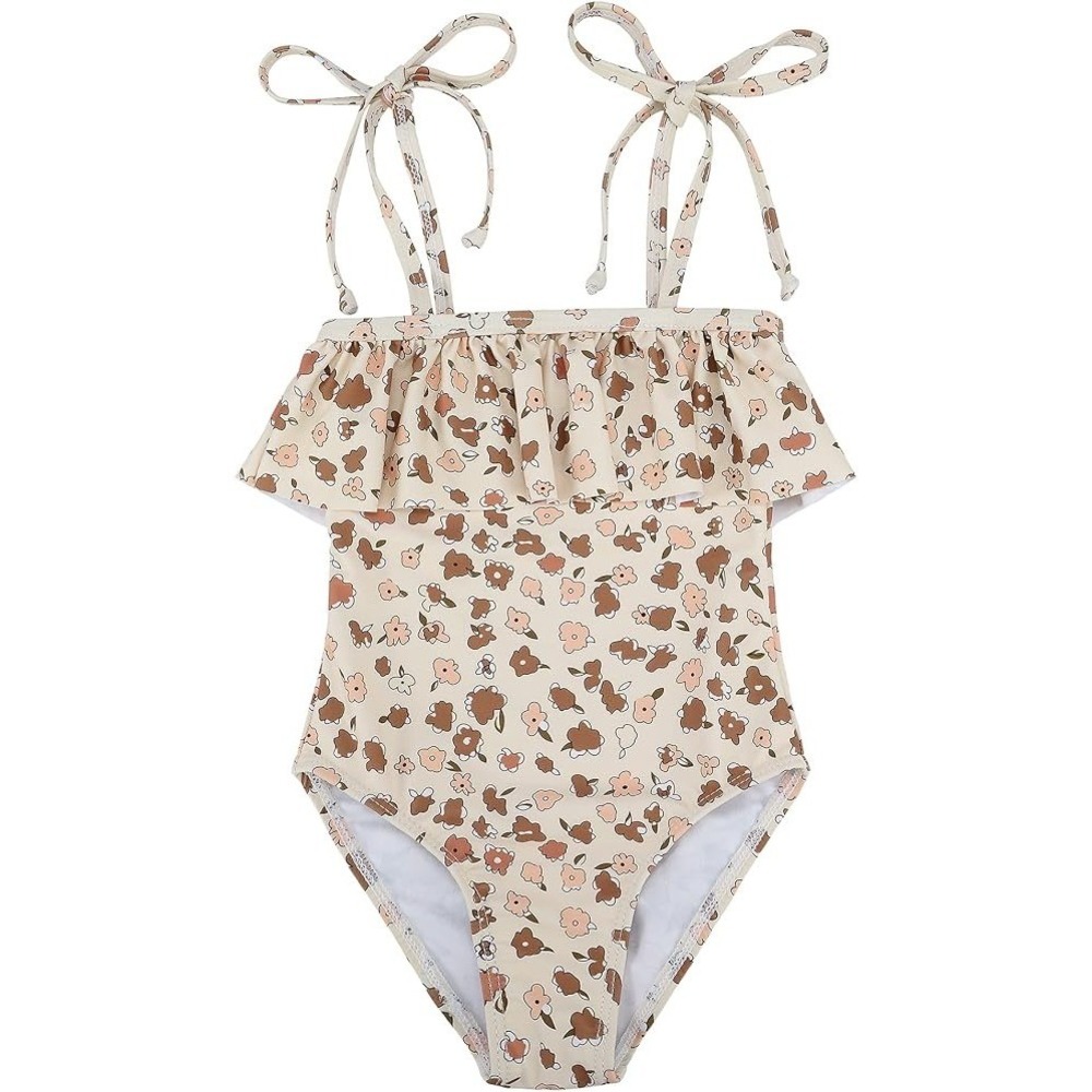 Zando Toddler 2-3T Khaki Flowers Swimsuit Girl Cute Ruffle Adjustable Bathing